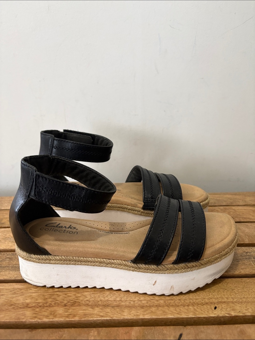 Clarks Black Platform Wrap-Ankle Sandals